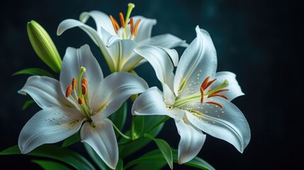 A banner with a dark background and white lily flowers