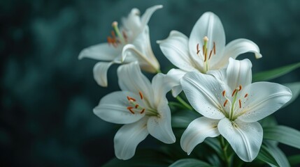 A banner with a dark background and white lily flowers
