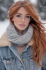 beautiful red-haired woman in a denim jacket and a large scarf