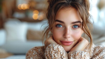Naklejka premium Closeup photo of a young gorgeous charming girl wearing a sweater on a blue color background