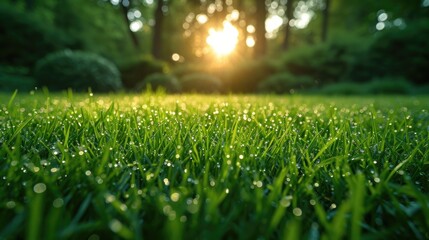 Green grass field with sunlight creating dynamic shadows close up shot - obrazy, fototapety, plakaty