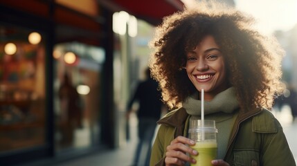 Smiling Curly-Haired Woman Sipping Detox Vegetable Smoothie. Casual Jacket, Healthy Diet, and Joyful Stroll in the City. Ideal Image for Lifestyle, Dieting, and Urban Well-being Concepts.