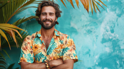 man is so ready to vacation funny picture of man wearing hawaii shirt and shorts tropic background - obrazy, fototapety, plakaty