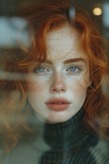 beautiful woman with red curly hair and freckles on her face
