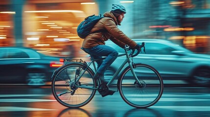 Person riding a bicycle with motion blur  - obrazy, fototapety, plakaty