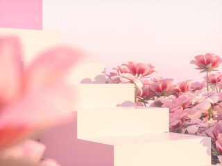 Natural beauty podium backdrop with pink rose flower field scene. 3d rendering.