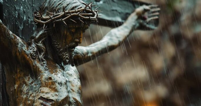 Jesus is Crying - Wooden Statue Crucifixion of Christ in Cinematic Rain Scene