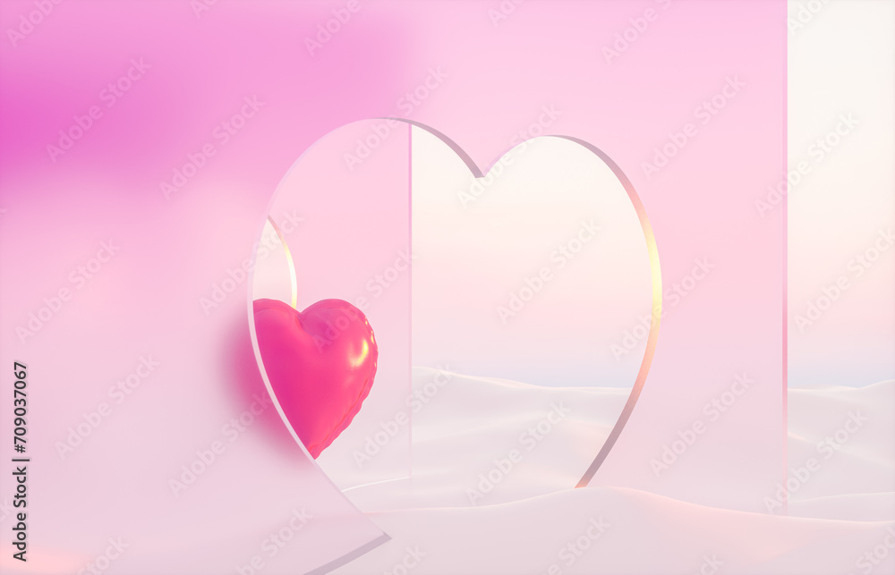 Aufkleber romantic scene with heart shaped frame on winter landscape background. 3d rendering