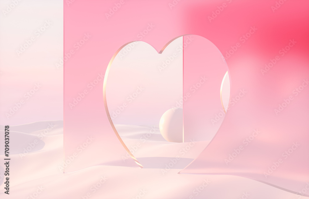Aufkleber romantic scene with heart shaped frame on winter landscape background. 3d rendering