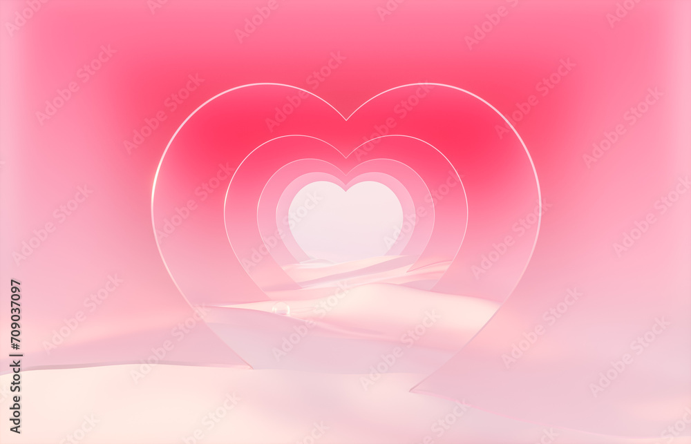 Poster romantic scene with heart shaped frame on winter landscape background. 3d rendering