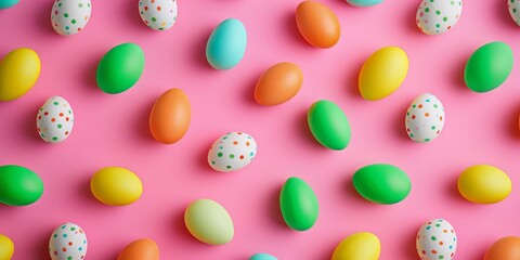 Top view of colorful easter eggs pattern on pink background