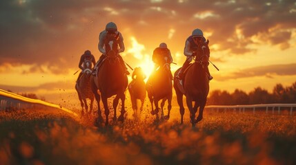 horse in sunset. Traditional European sport. Horse jockeys racing down the track during sunset cinematic - obrazy, fototapety, plakaty