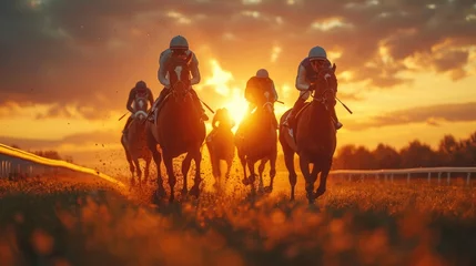 Foto auf Acrylglas horse in sunset. Traditional European sport. Horse jockeys racing down the track during sunset cinematic © Denis