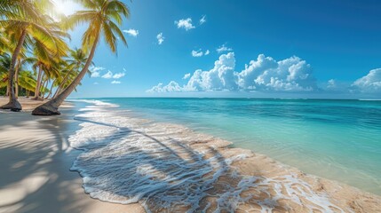 View of palm trees and sea at bavaro beach, punta cana, dominican republic, west indies, caribbean, central america. beautiful island - obrazy, fototapety, plakaty