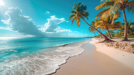 View of palm trees and sea at bavaro beach, punta cana, dominican republic, west indies, caribbean, central america. beautiful island - obrazy, fototapety, plakaty