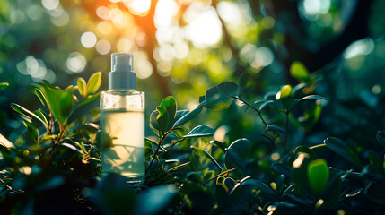 Cosmetic bottle in nature. Selective focus.