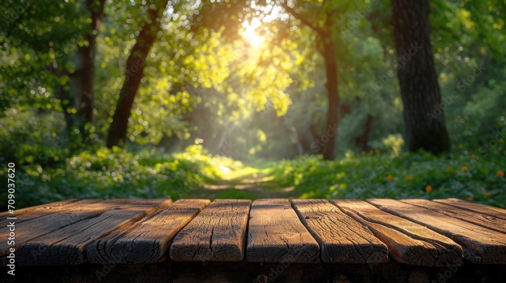 Poster wooden table over soft blurry green nature in forest as background. using a mock up template for you