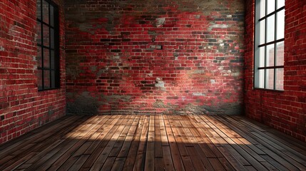 Empty room with red brick wall and wooden floor
