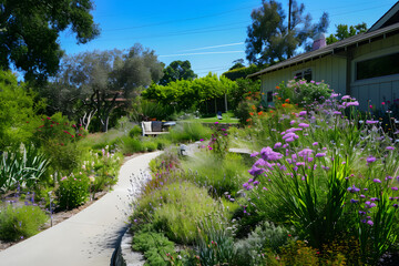 Fototapeta premium Gartenidylle: Eine harmonische Gartenlandschaft voller Blütenpracht und natürlicher Entspannung, eingefangen in einem bezaubernden Bild für Ihre Kreativprojekte