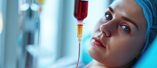 IV drip infusing vitamin therapy in female blood.