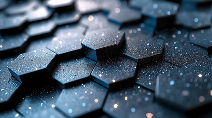 the image includes an impressive collection of hexagons and black lights, in the style of hard surface modeling, silver and navy, made of crystals, polished craftsmanship, rtx, digitally enhanced