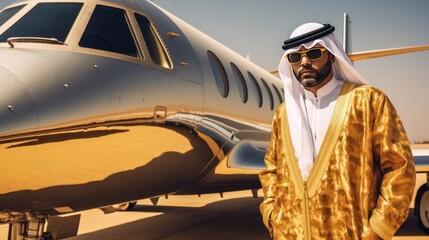 Arabic man in traditional Arabic clothes in front of private jet