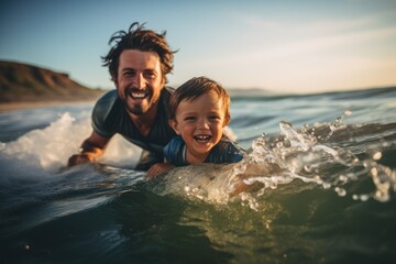 father and son share a carefree moment, gliding over the ocean waves on a surfboard with joyous expressions