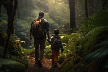 father and a young son with backpacks walk through a lush forest bathed in soft sunlight, blurred background