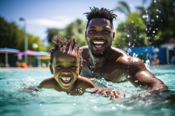 father and son laughing together in a sunlit pool, enjoying a playful moment during a swimming session