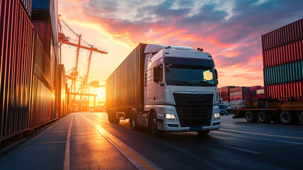 truck and shipping containers in logistics operations at sunset - obrazy, fototapety, plakaty