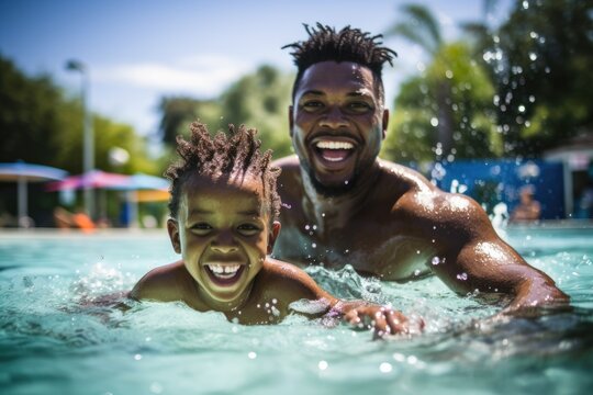father and son laughing together in a sunlit pool, enjoying a playful moment during a swimming session