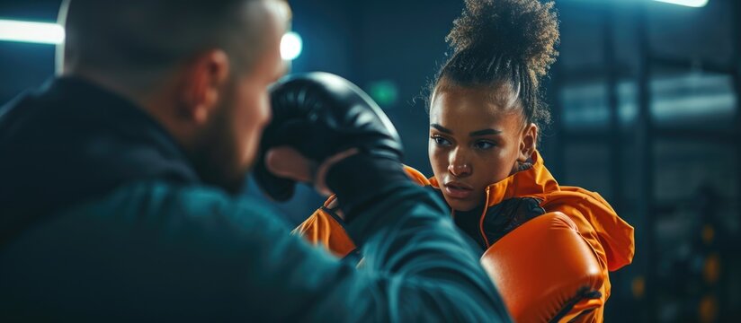 A young lady and her sports coach are engaging in kickboxing training for fitness and empowerment, emphasizing motivation and healthy exercise in the gym.