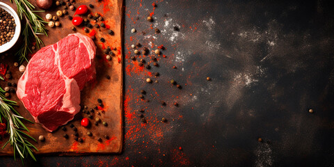 Raw steak on the grill on a dark background. Piece of meat with salt, pepper and herbs