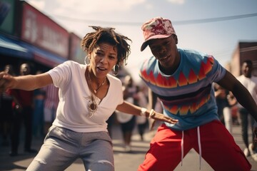 Caught in groove, a woman and a young man engage in a playful dance battle, their styles a perfect blend of enthusiasm and rhythm, blurred background