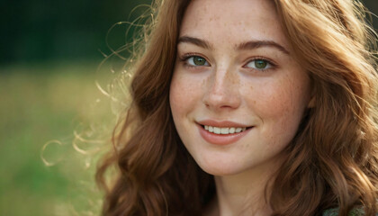 Fototapeta premium Young Woman with Freckles and Red Hair Smiling, Emerald Green Eyes - Headshot Portrait