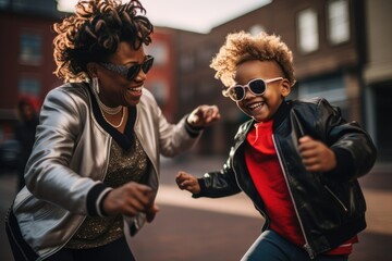 mother and her young son share a moment of pure joy, dancing on the city streets with infectious energy and cool style, blurred background