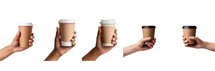 Set of A woman hand holding a paper glass of coffee isolated on a transparent background - obrazy, fototapety, plakaty