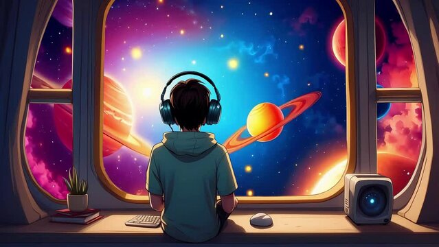 A boy meditating in a spaceship, listening to music through his headphones, seamless 4K lofi looping animation video.