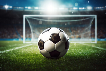 Fototapeta premium football ball. A soccer ball by the goal on the field. Green grass, sporting ambiance