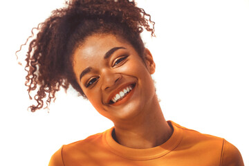 Close up portrait of happy black african young woman with curly lush hair tied up in high ponytail