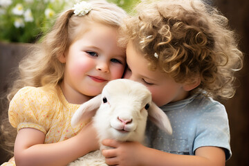 Beautiful children with a little lamb in the meadow