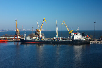 Fototapeta premium Cargo ship loading at the dock with multiple cranes. Industrial transshipment process in a sea port. Containers being moved, logistics operation under clear sky. Maritime trade, global shipping.