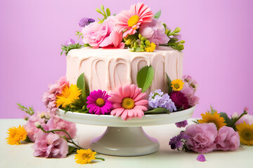 cake with colorful flowers on a stand on a pink background with a pink backdrop