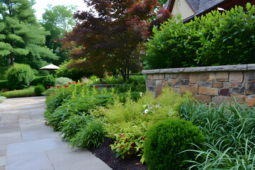 Fototapeta premium Gartenidylle: Eine harmonische Gartenlandschaft voller Blütenpracht und natürlicher Entspannung, eingefangen in einem bezaubernden Bild für Ihre Kreativprojekte