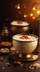 Hyper-Realistic 32K Rice Payasam Kheer: Food Photography Concept, Studio-Lit Side View, Restaurant Background - Pongal Cuisine, Culinary Artistry, Gourmet Dessert Imagery"