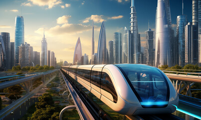 High-speed train on the background of the modern city. 3d rendering.