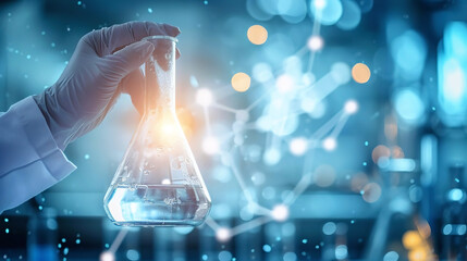 Hand of scientist holding flask with lab glassware and glowing network hologram on chemical laboratory background. AI Generated