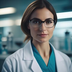 Fototapeta premium female hispanic lab technician in white scrubs, researcher, doctor in glasses working in modern medical laboratory 