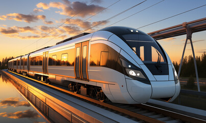 High-speed train on the bridge at sunset. 3d render. - obrazy, fototapety, plakaty