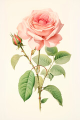 botanical vintage watercolor illustration of a pale pink rose